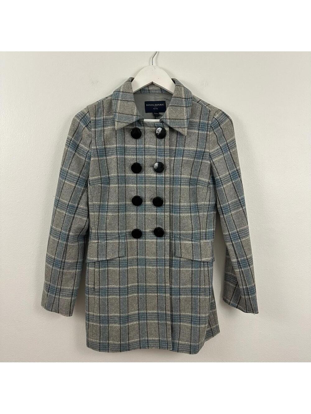 Banana Republic Women’s Wool Blend Plaid Double Breasted Pea Coat Size PXS